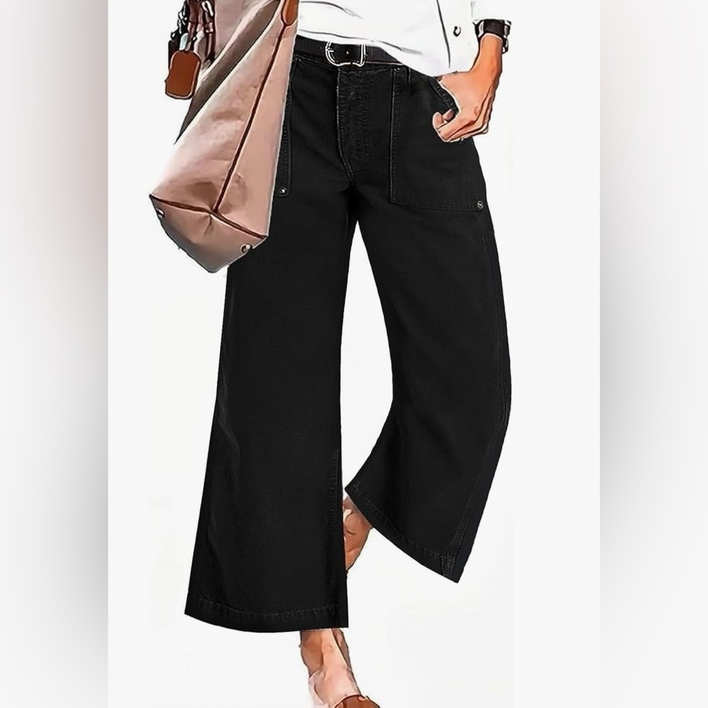 Flamingals Flap Pocket Back Mid Waist Wide Leg Crop Pants in Black